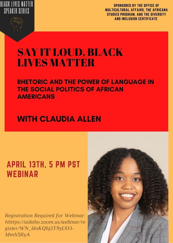 Flier advertising Claudia Allen as a guest speaker as part of the Black Lives Matter Speaker Series.
