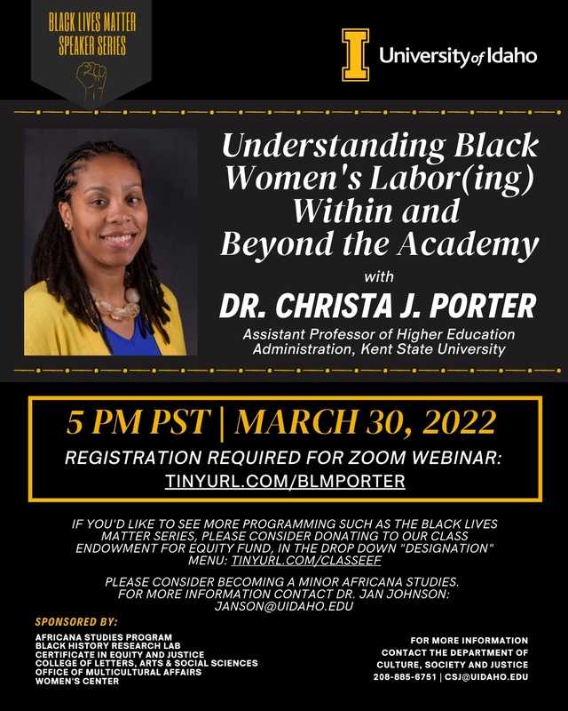 Flier advertising featured speaker, Dr. Christa J. Porter, as a part of the Black Lives Matter Speaker Series.