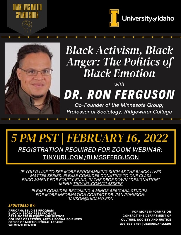 Flier advertising featured speaker, Dr. Ron Ferguson, as a part of the Black Lives Matter Speaker series. 