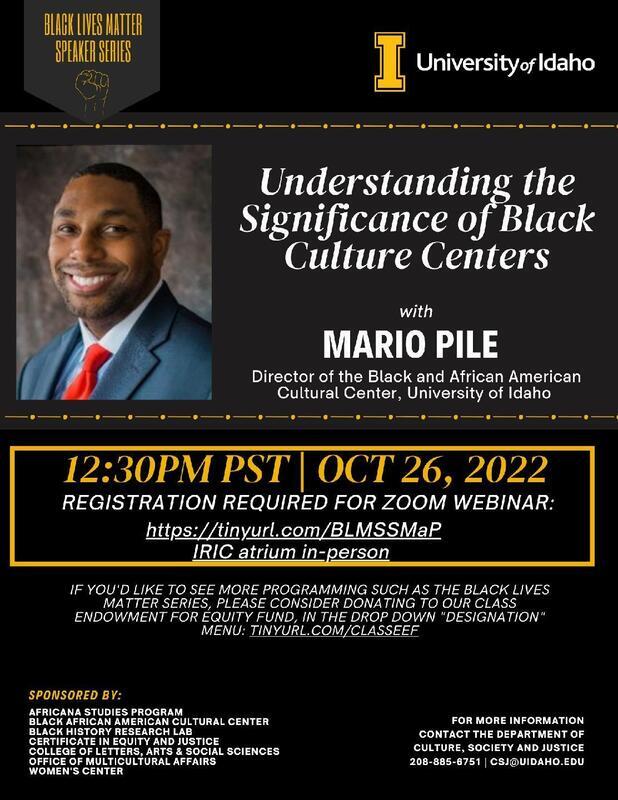 Poster featuring Mario Pile as part of the 2022 Black Lives Matter Speaker Series.
