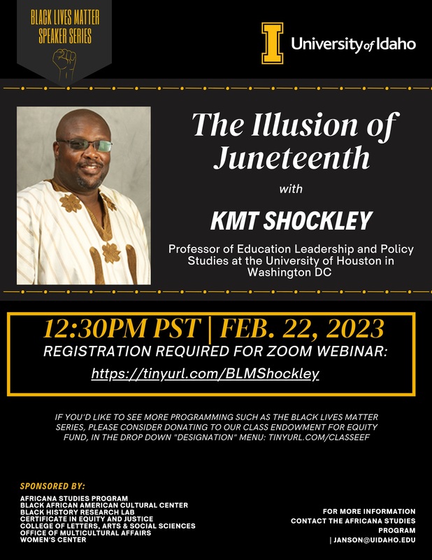Poster featuring KMT Shockley as a speaker during the 2023 Black Lives Matter Speaker Series.