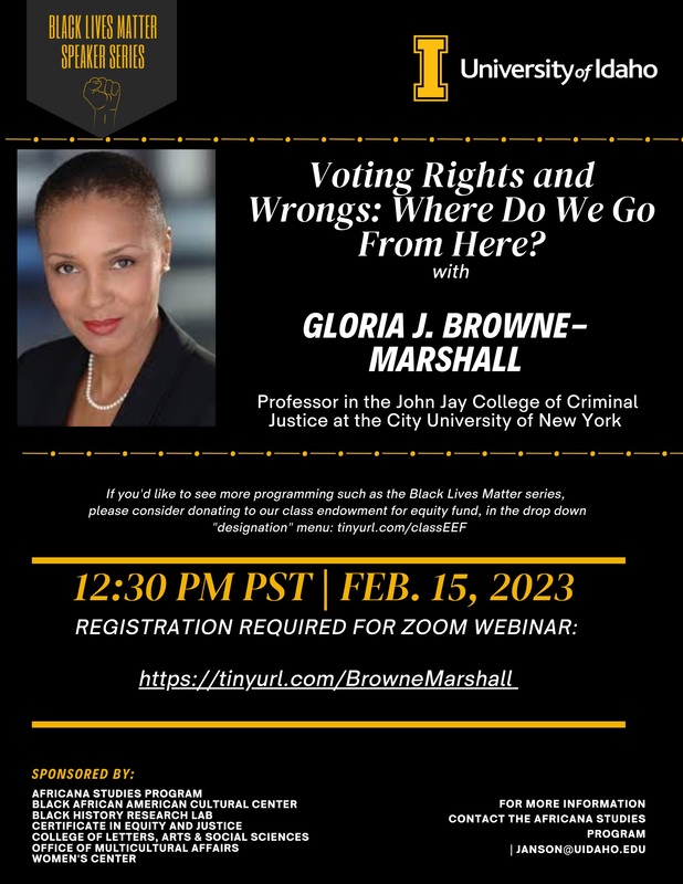 Poster featuring Gloria J. Browne-Marshall as a speaker during the 2023 Black Lives Matter Speaker Series.