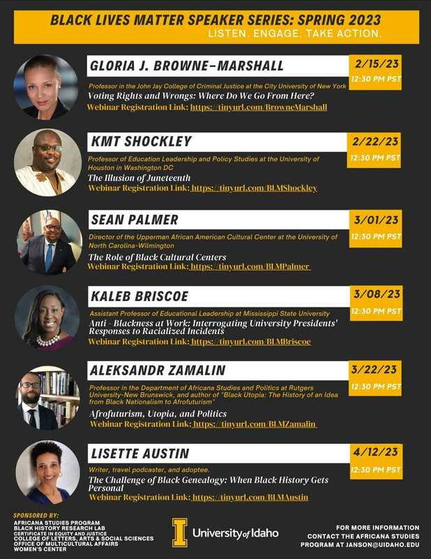 Poster listing the speakers for the Spring 2023 Black Lives Matter Speaker Series.