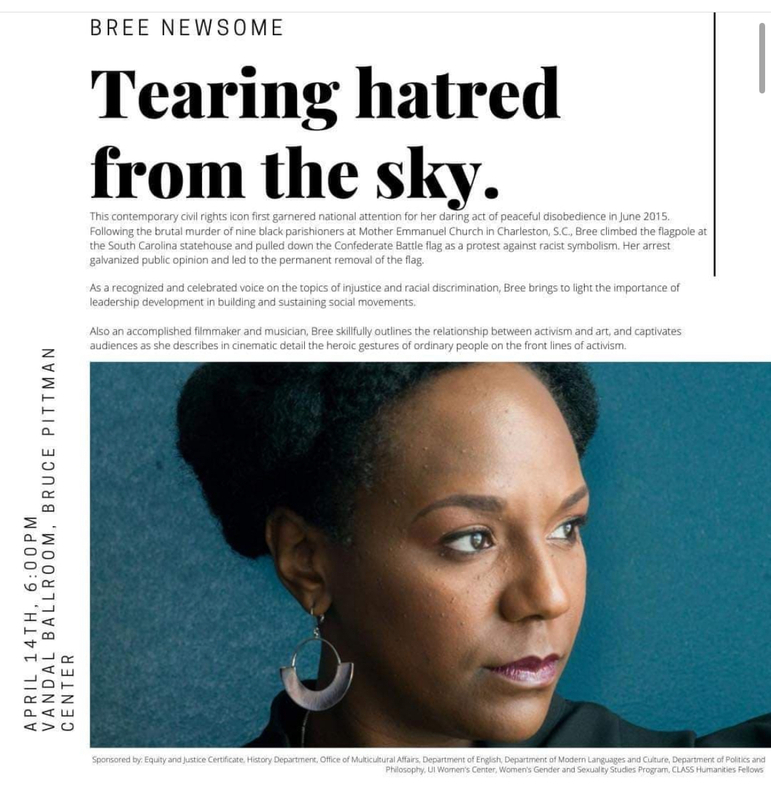 Bree Newsome's speech, "Tearing hatred from the sky." as a part of the Social Change Speaker Series.