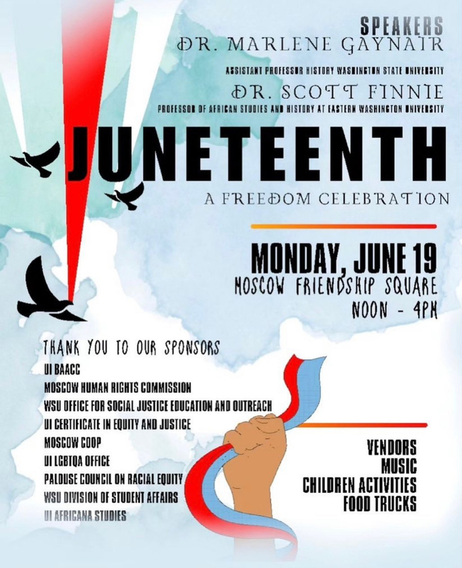 Post for the Juneteenth Celebration in Moscow Friendship Square. Includes list of speakers and sponsors.
