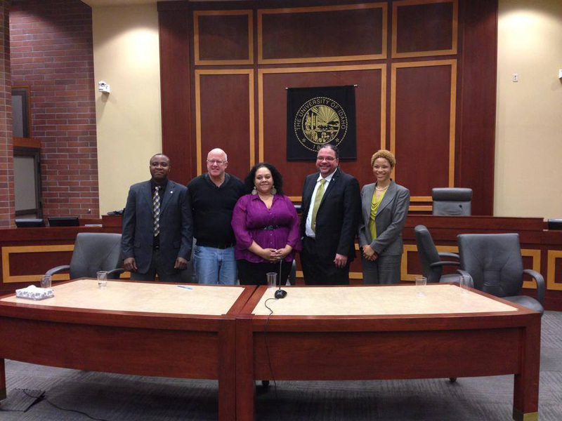 Speakers, Dr. Romuald Afatachao, Dr. Dale Graden, Jessica Samuels, Professor Michael Satz, and Ashly Ray at the 2014 Black History Month discussion panel.