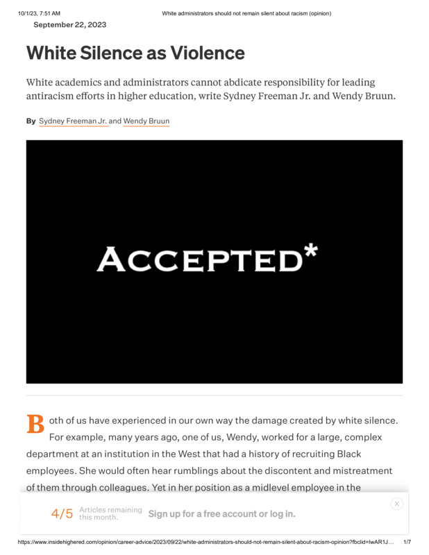 Article written by Dr. Sydney Freeman, Jr. and a colleague about White academics and administrators not abdicating their responsibility for leading antiracism efforts in higher education.