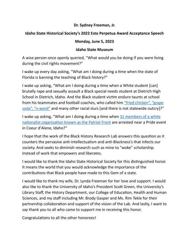 Idaho State Historical Society’s 2022 Esto Perpetua Award Acceptance Speech by Dr. Sydney Freeman, Jr.