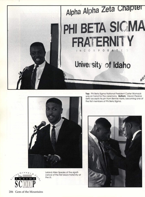 Eric Haues, Calvert Johnson, Devon Pearce, Noah Ramsey, William Saffo, Chris Taylor and Everett Wilson became the founding members of the Alpha Alpha Zeta chapter of Phi Beta Sigma, the first traditionally black fraternity to be chartered in Idaho. Excerpt taken from the 1992 issue of the Gem of the Mountains yearbook.