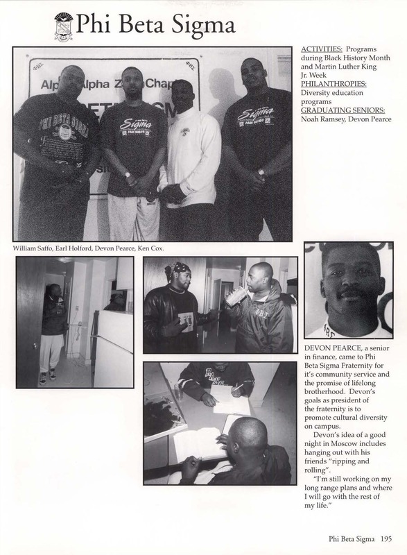 Phi Beta Sigma members William Saffo, Earl Holford, Devon Pearce, and Ken Cox are photographed alongside accolades for their fraternity. Noah Ramsey and Devon Pearce were graduating seniors in 1994. Excerpt taken from the 1994 issue of the Gem of the Mountains yearbook.