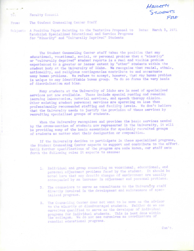 Memorandum that refutes the position held in the mentioned position paper that states no one group has unique issues.