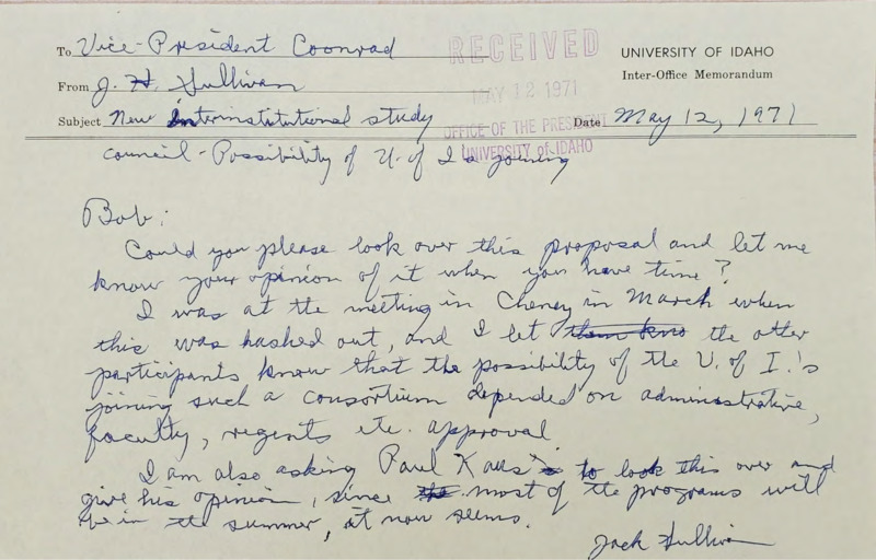 Handwritten memorandum to Vice President Coonrod from J. H. Sullivan requesting Coonrod to look over proposal.