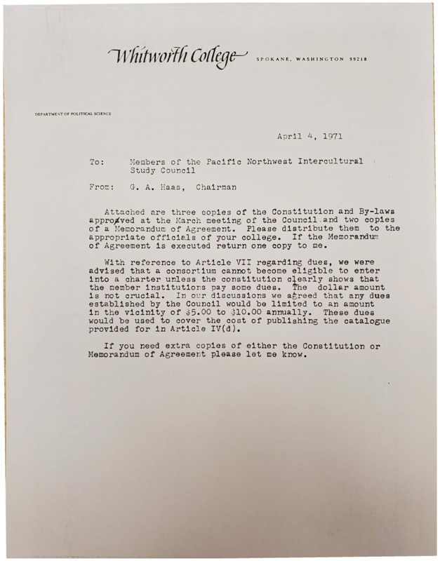 Letter from Whitworth College noting three attached copies of the Pacific Northwest Intercultural Study Council and notes a conflict with Amendment VII.