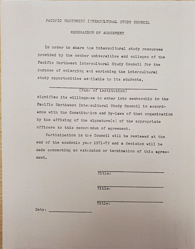 Blank Pacific Northwest Intercultural Study Council memorandum of agreement form.