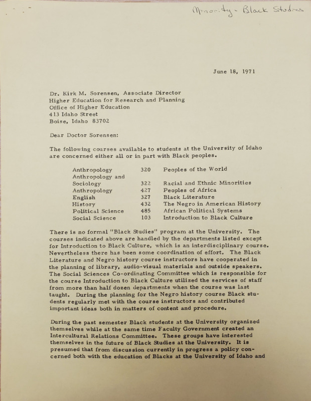 Letter from President Ernest Hartung to Dr. Kirk M. Sorenson; the Associate Director of the Higher Education for Research and Planning in the Idaho Office of Higher Education.  Letter lists seven courses and the letter also notes that there is no official "Black Studies Program."