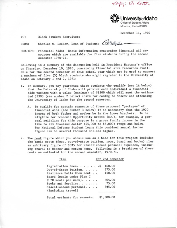 Memorandum to Black student recruiters concerning basic information for financial aid for five students during the second semester of the 1970-1971 academic year.