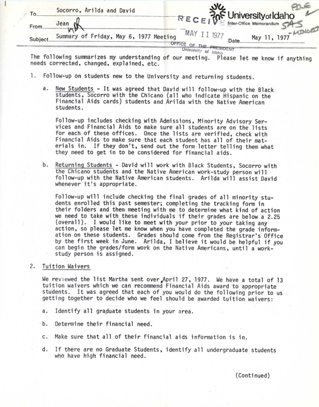 Memorandum from jean to Socorro, Arilda and David containing a summary of a meeting on May 6, 1971.