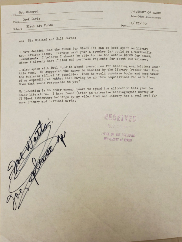 Memorandum to Bob Coonrod from Jack Davis stating that the funds for the Black Literature will be spent exclusively on library acquisitions.