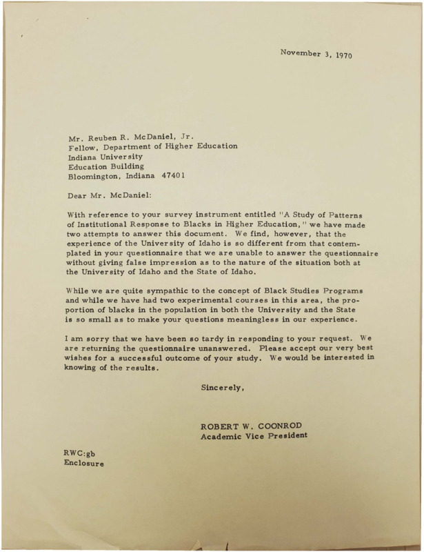Letter from Robert W. Coonrod to Reuben R. McDaniel, Jr. concerning his survey, "A Study of Patterns of Institutional Response to Blacks in Higher Education." 