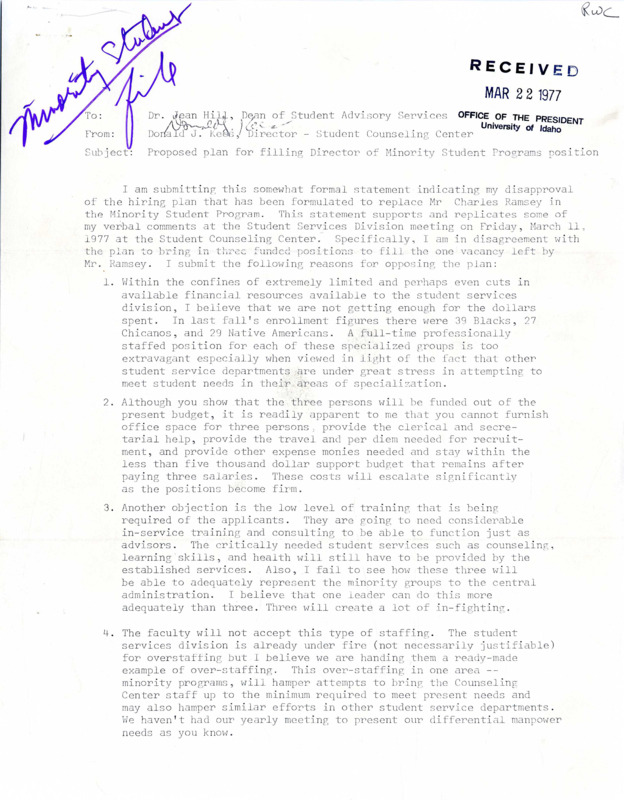 Correspondence from Donald J. Kees to Dr. Jean Hill concerning the proposed plan for filling director of Minority Student Programs.