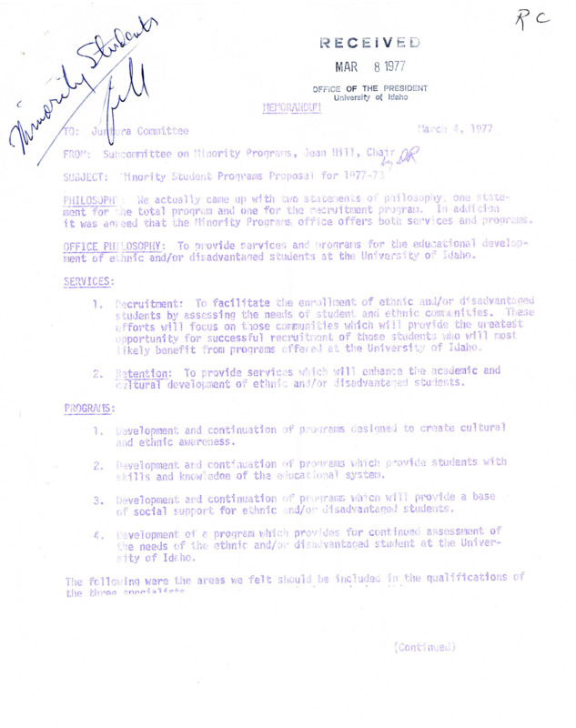 Memorandum from Jean Hill and the subcommittee on Minority Programs to the Juntura Committee titled "Minority Student Programs Proposal for 1977-1978."  The memorandum discusses philosophy, services, and programs.