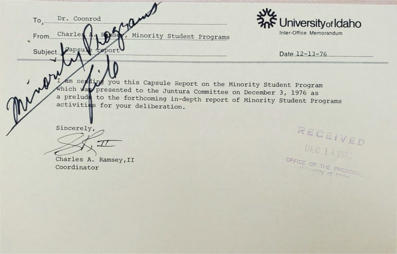 Memorandum from Charles A. Ramsey to Coonrod regarding the capsule report of Minority Student Program.