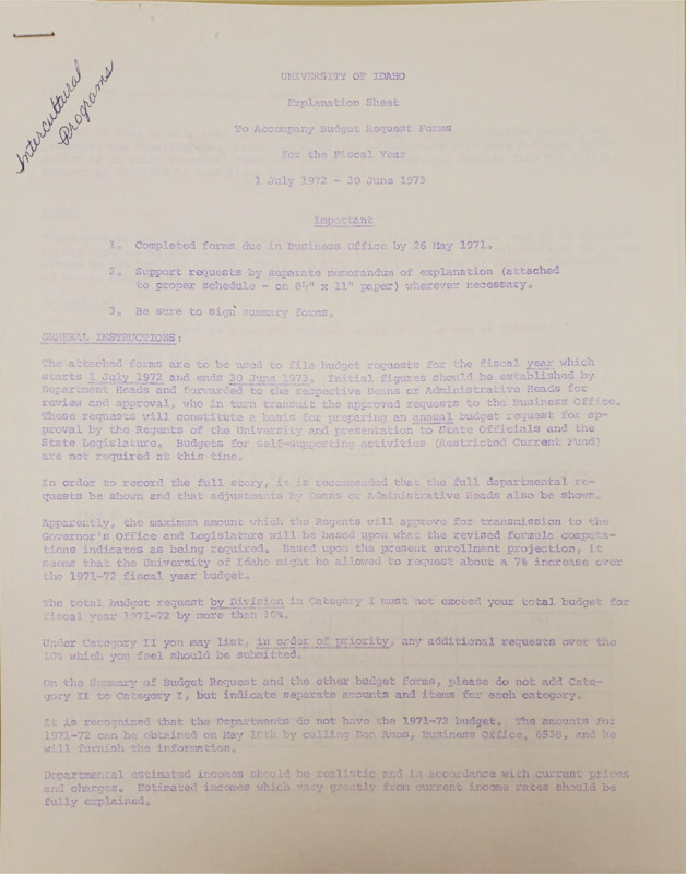 University of Idaho explanation sheet concerning budget for fiscal year of 1972-1973.