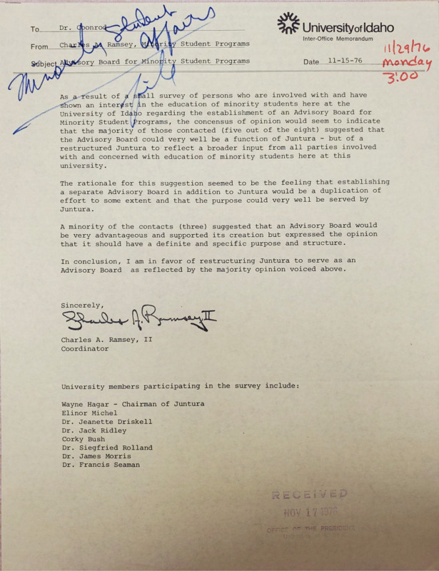 Memorandum from Charles A. Ramsey to Dr. Coonrod discussing the establishment of an advisory board for Minority Student Programs and its function as a Juntura committee for picking counselors.