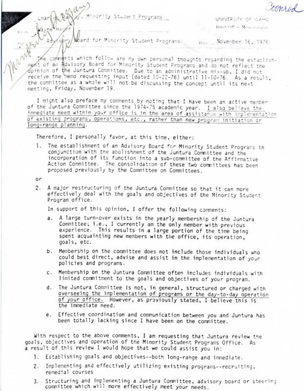 Memorandum from Wayne Hager to Charles A. Ramsey expressing Juntura Committee's opinion of either the combining of the Minority Students Advisory board with the Juntura committee or the restructuring of Juntura to better pick counselors.