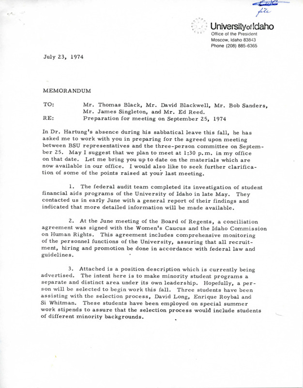 Memorandum for preparation of meeting with faculty and 3 representatives from BSU  Also mentions completion of federal audit of student financial aid programs, conciliation agreement signed with Women's Caucus and Idaho Commission on Human Rights, and position description on minority student program being a seperate area.