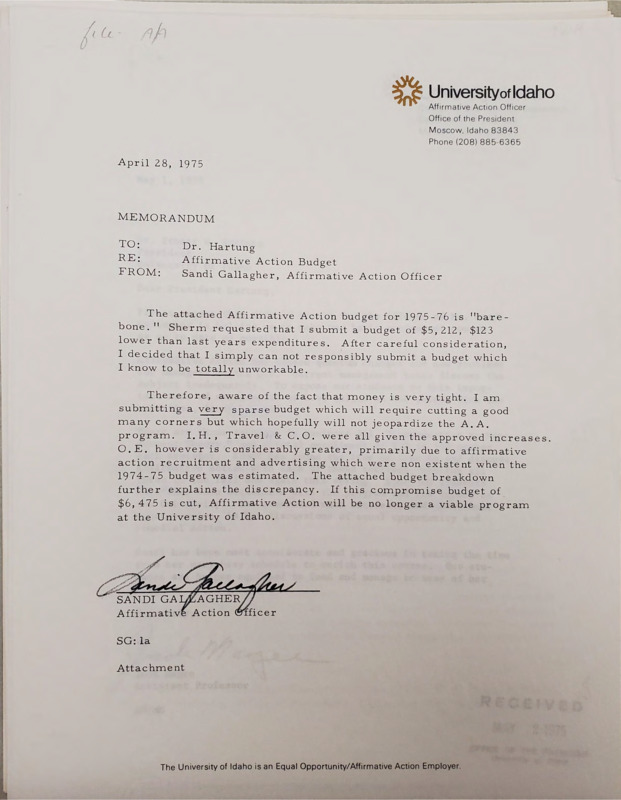 Memorandum from Sandi Gallagher to Dr. Hartung with concerns about the budget of the Affirmative Action office for 1975-1976. Gallagher mentions that if original budget is cut or reduced, the program will not be able viable.