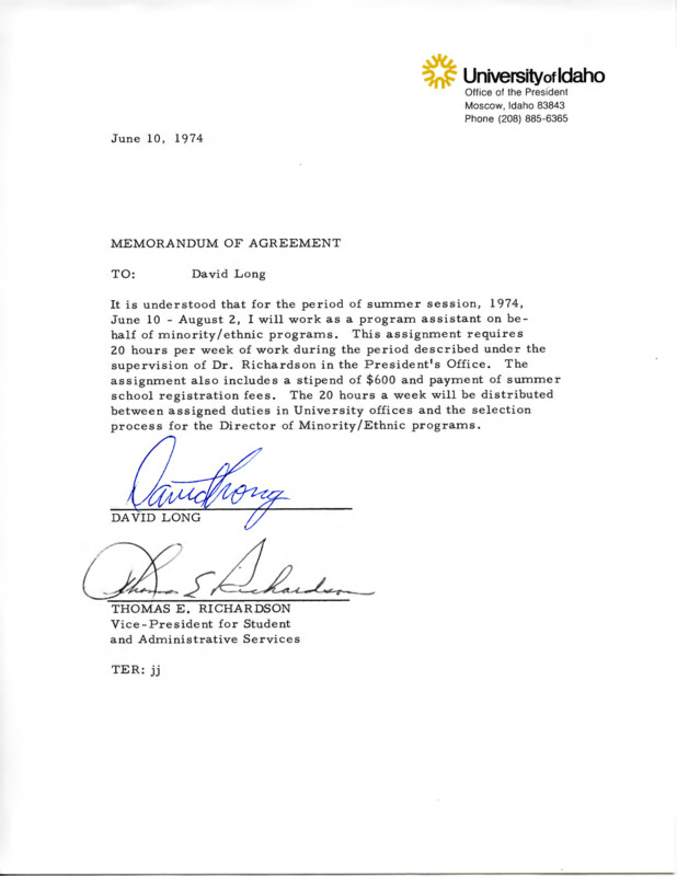 Memorandum of agreement for David Long to fulfill work in the summer for Minority Student Program under Richardson.