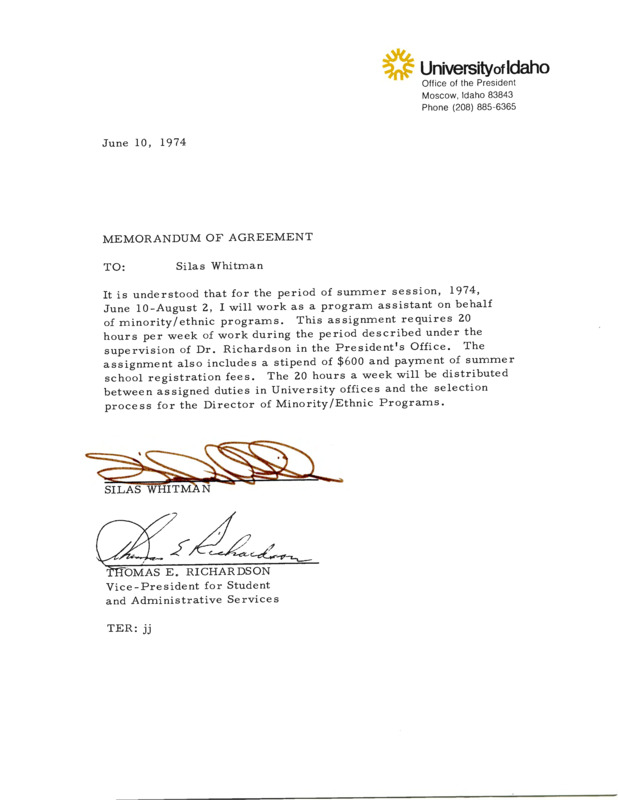 Memorandum of agreement for Silas Whitman to fulfill work in the summer for Minority Student Program under Richardson.