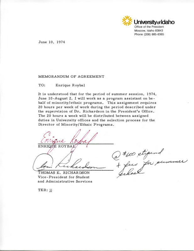 Memorandum of agreement for Enrique Roybal to fulfill work in the summer for Minority Student Program under Richardson.