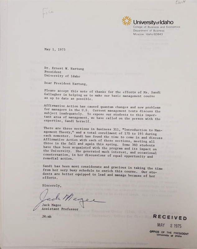 Letter from Jack Magee to Dr. Ernest W. Hartung commending Sandi Gallagher and her work on the Affirmative Action.
