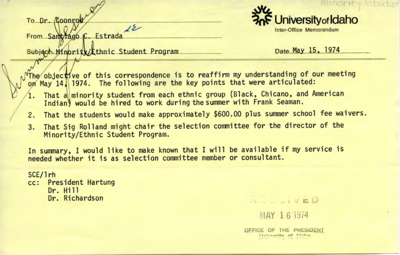 Memorandum to Coonrod concerning affirmation of meeting points for Minority Students Program from meeting on May 14-1974.