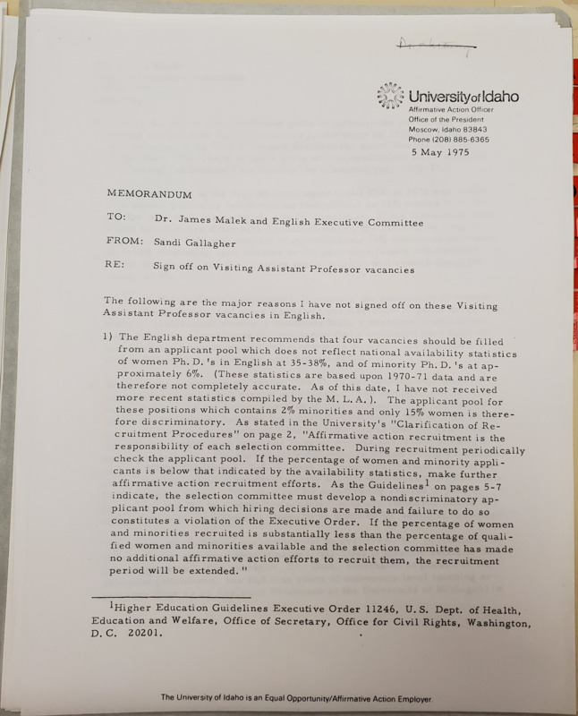 Memorandum from Sandi Gallagher to Dr. James Malek and the English Executive Committee concerning Gallagher's decision to not sign off on four assistant professor vacancies.  She cites that they are being rejected based on discriminatory recruitment pools and the committee's focus on hiring white men.