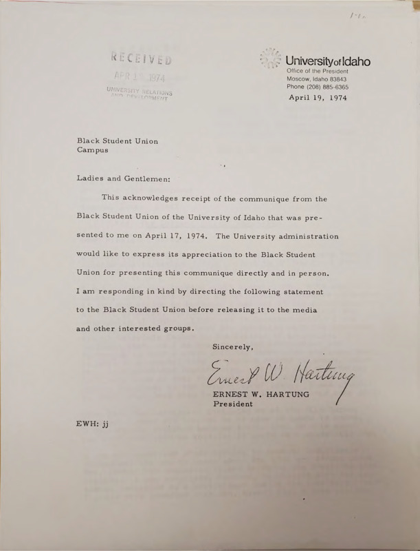 Letter from Ernest W. Hartung published publicly to both the BSU and campus acknowledging the receipt of the communique from the BSU