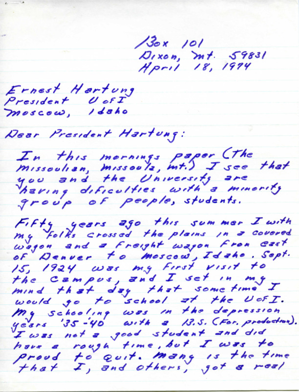 Letter written to Ernest Hartung from Barton O. Wetzel discussing Wetzel's views on BSU's demands.
