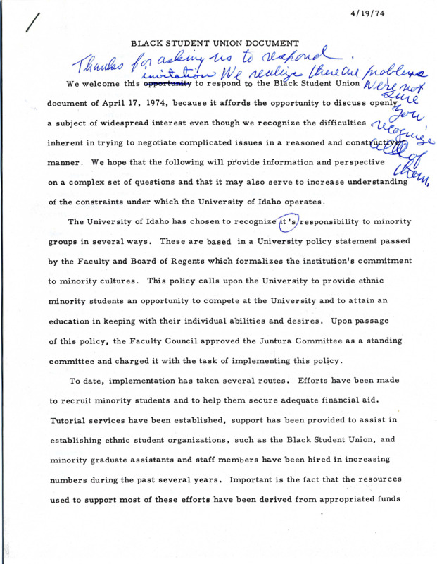 Photocopy of draft response to the Communique of the Black Student Union with handwritten edits.