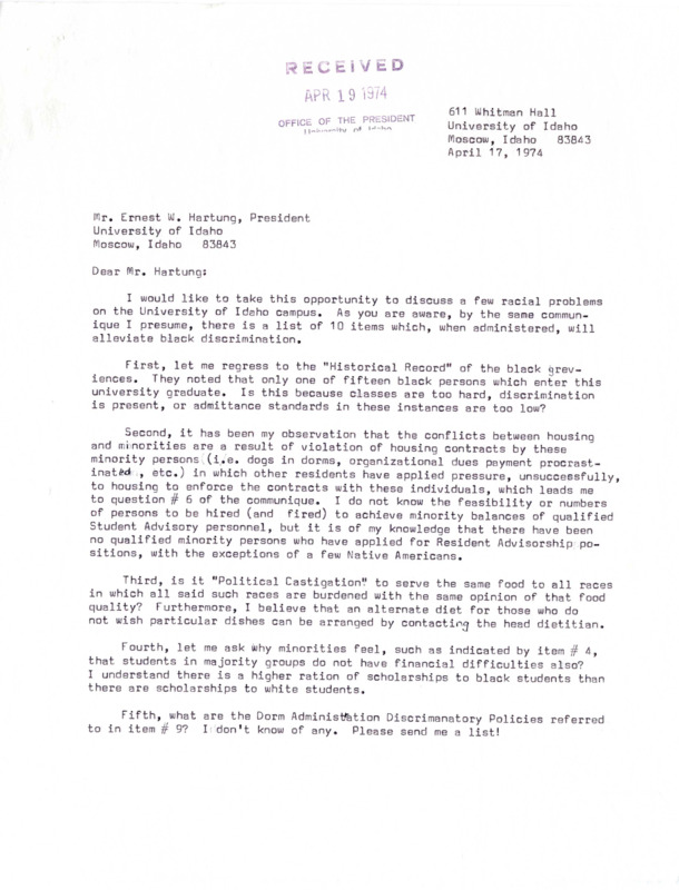 Letter from Vernon L. Newby to Ernest Hartung questioning demands made by BSU The letter lists five different questions that Newby has in regard to the BSU demands.