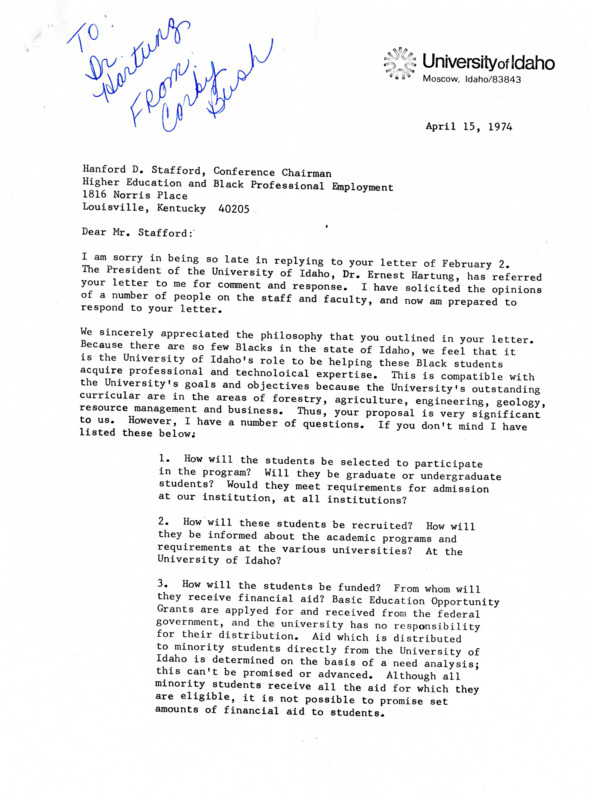 Letter from Corky Bush to Henry D. Stafford (Conference Chairman of Higher Education and Black Professional Employment) in regard to how to set up a Black students academic program.