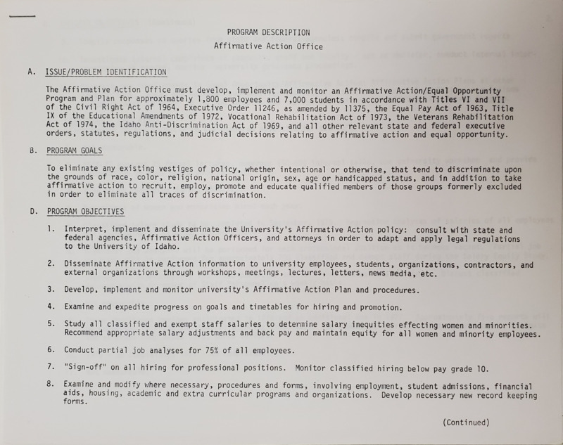 Program description for the Affirmative Action office that details the program's goals, objectives, and various performance indicators.