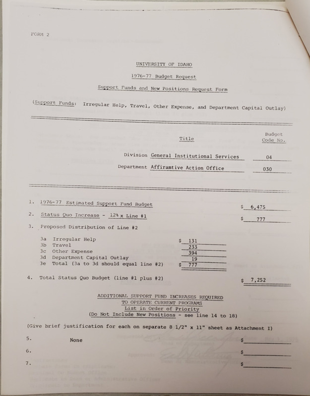 Budget request form for the Affirmative Action office for the 1967-1977 year.