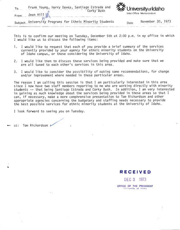 Memorandum to Frank Young; Harry Davey; Estrada; and Bush concerning upcoming meeting on Dec 5 1973 and discussion points for the meeting.