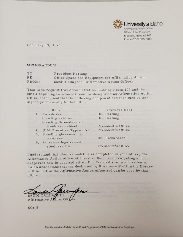 Memorandum from Sandi Gallagher to President Hartung concerning "Office Space and Equipment for Affirmative Action.  Most of the furniture being given is reused furniture.