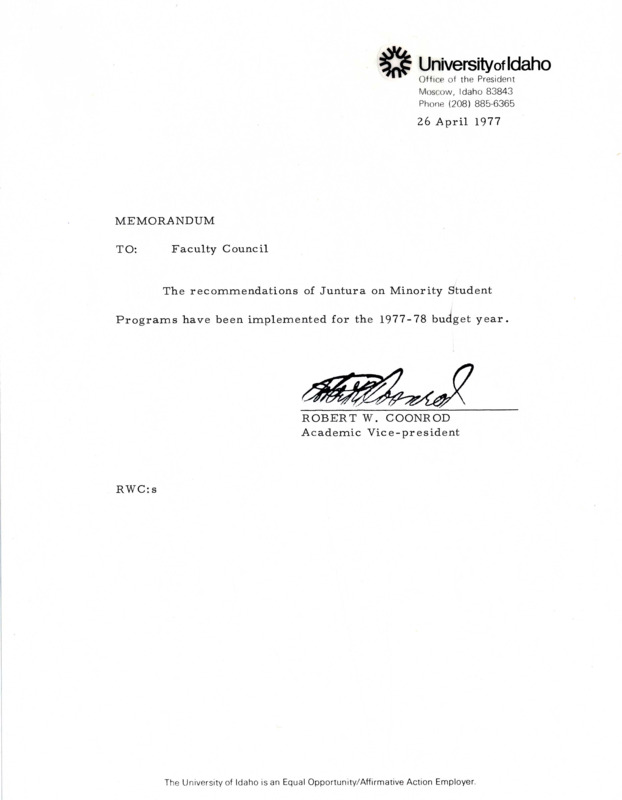 Memorandum from Coonrod (Academic VP) to Faculty Council stating that the recommendation form juntura committee were implemented for 1977-1978 fiscal year.
