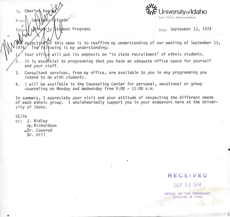 Memorandum from Santiago Estrada to Charles Ramsey going over meeting points from September 13, 1974.
