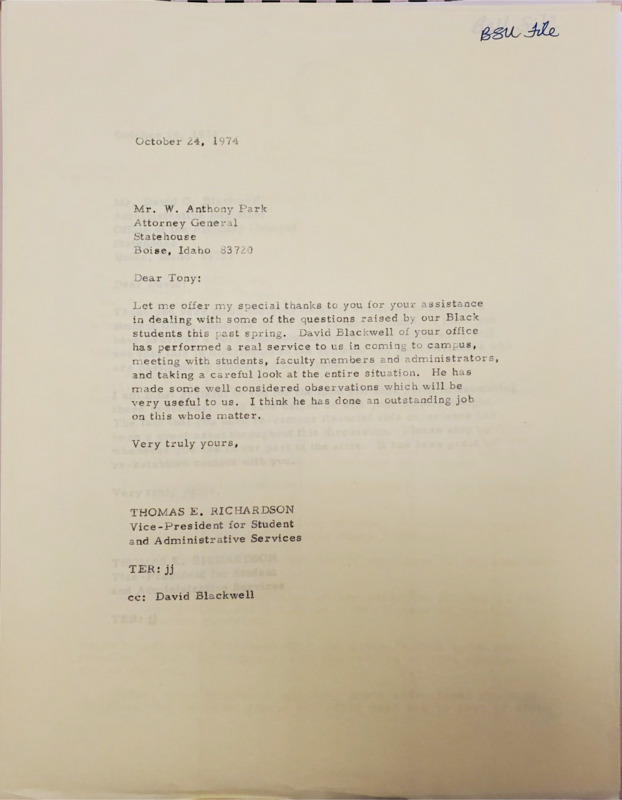 Letter from Thomas E. Richardson to W. Anthony Park, Attorney General, thanking him for help and commending David C. Blackwell, who was sent by Park and his office, for the help he has given the campus.