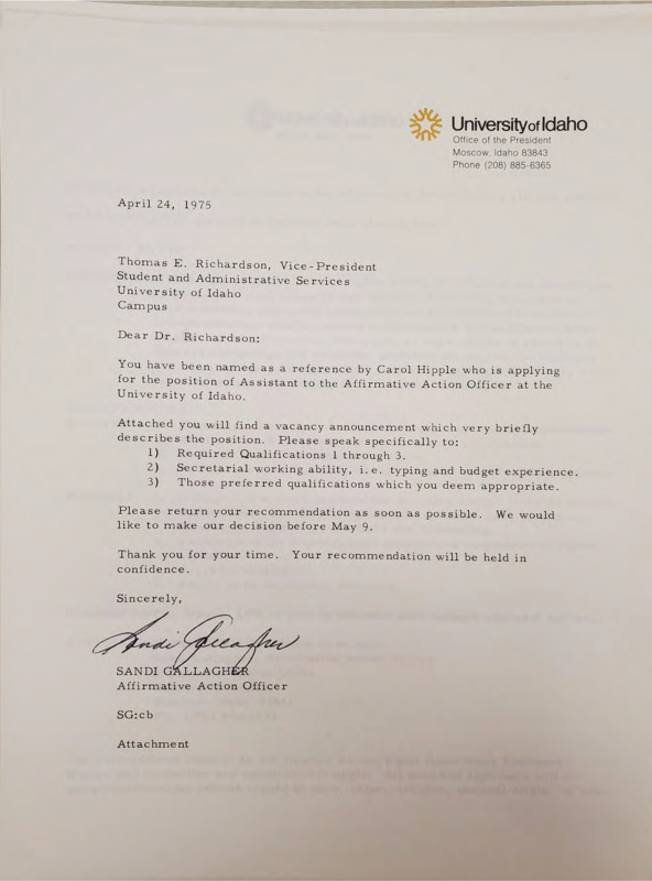 Letter from Sandi Gallagher to Thomas E. Richardson notifying him that he has been listed as a reference for Carol Hipple.